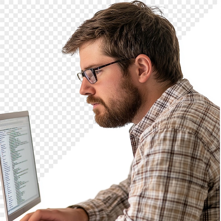 PSD a man with glasses is using a laptop