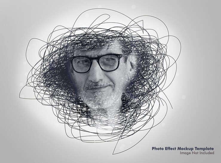 A man with glasses and a messy face that says photo effect mockup.