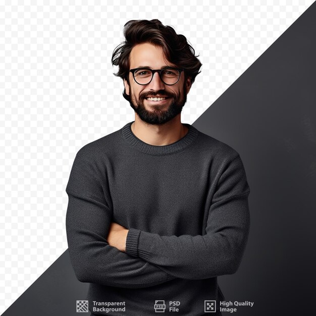 PSD a man with glasses and a sweater with the words 