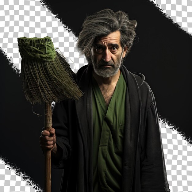 PSD man with green broom on transparent background displaying strong emotions