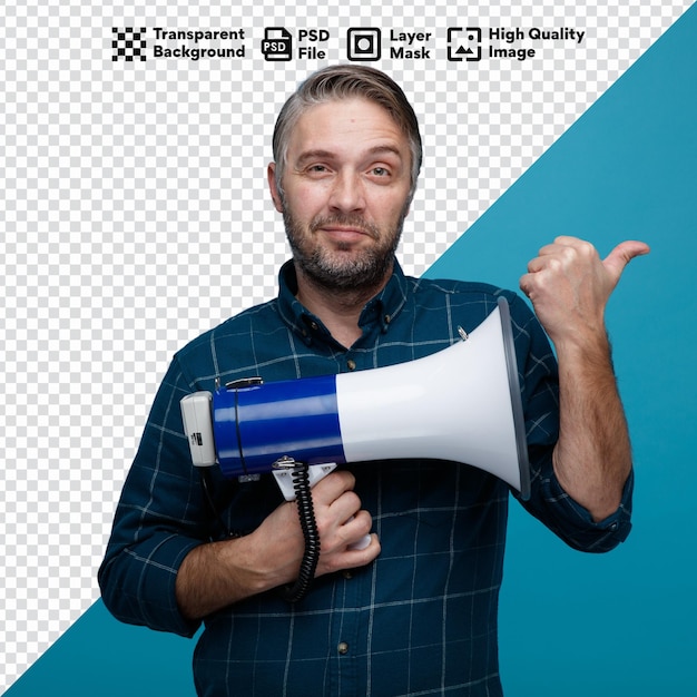 PSD man with grey hair dark color shirt holding megaphone looking camera smiling happy transparent backg