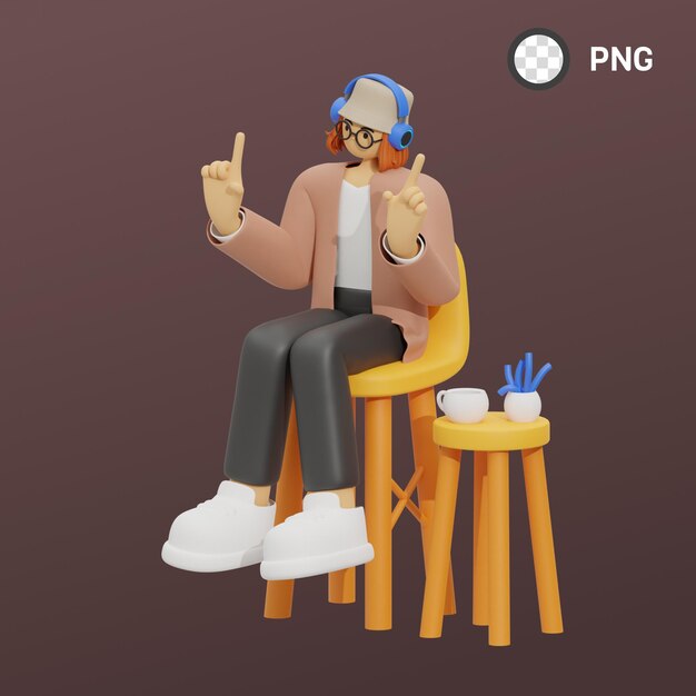 PSD a man with headphones and a hat sits on a stool with the name png.