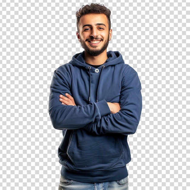 PSD a man with his arms crossed and a blue hoodie on