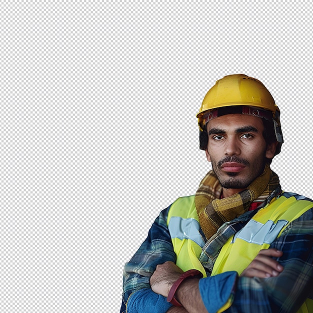a man with his arms crossed and wearing a yellow helmet