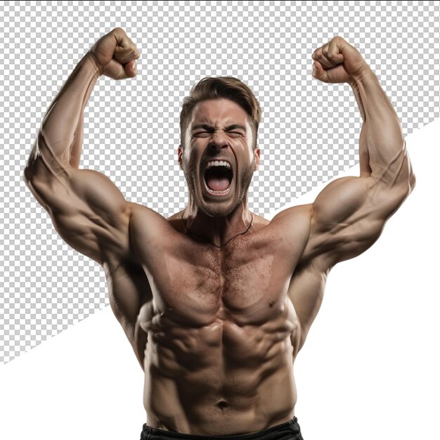 PSD a man with his arms up in the air and the words muscle