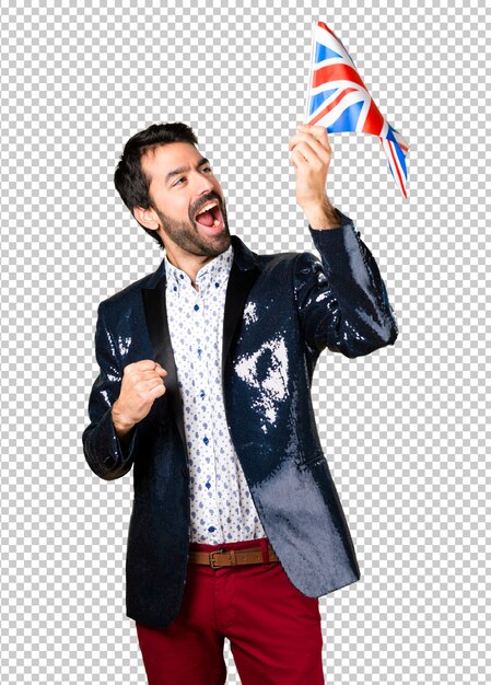 Man with jacket holding an uk flag