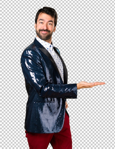 Man with jacket presenting something