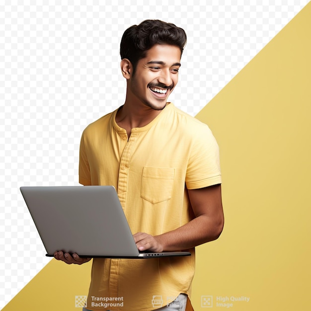 A man with a laptop on his chest and a yellow background.