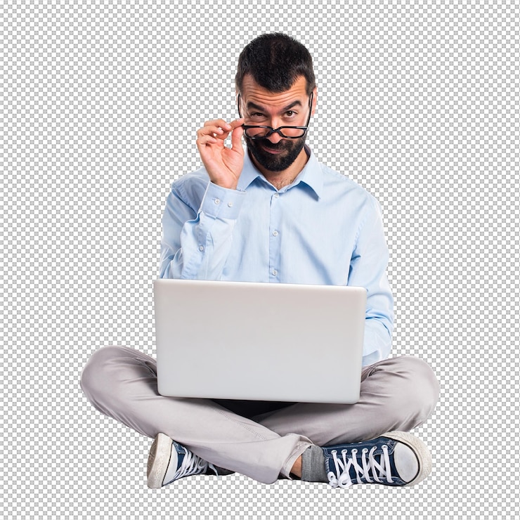 PSD man with laptop showing something
