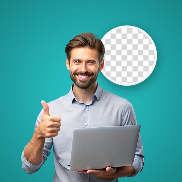 PSD man with laptop with thumb up