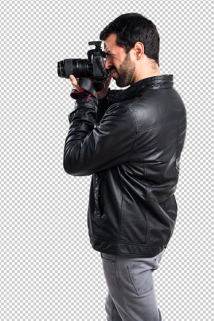 Man with leather jacket photographing