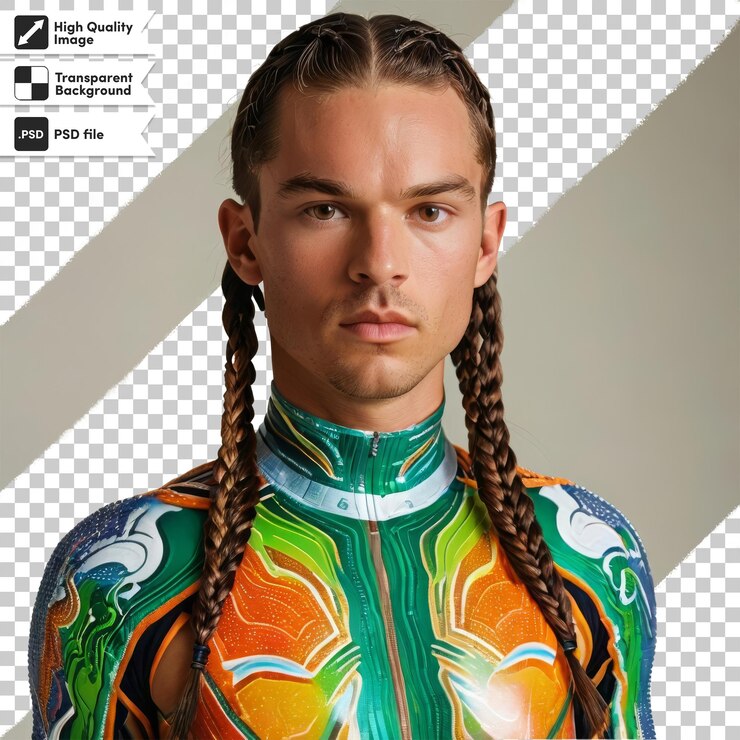 PSD a man with long hair wearing a green and orange top that says quot spam quot