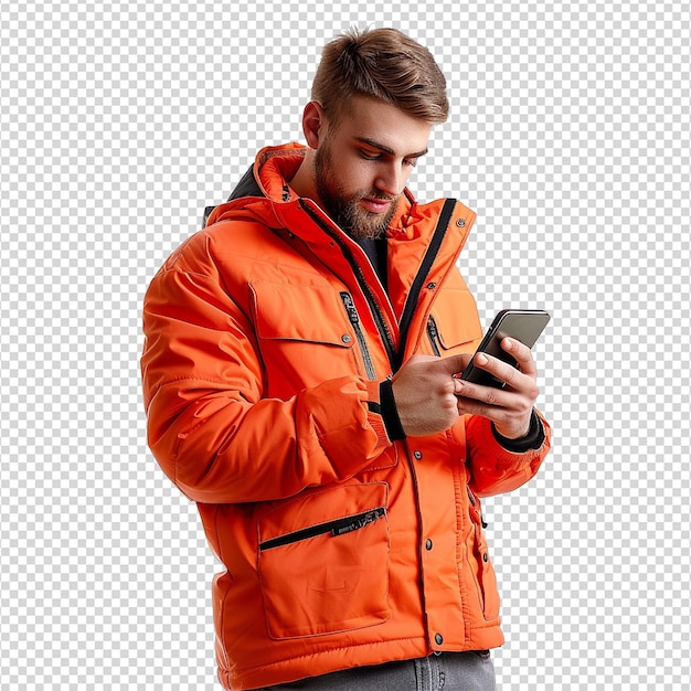 PSD man with orange jacket isolated on transparent background png