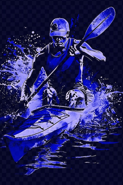 A man with a paddle and a surfboard with a blue background