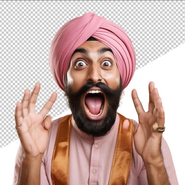 PSD a man with a pink turban on his head is showing his mouth wide open