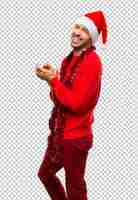 PSD man with red clothes celebrating the christmas holidays applauding