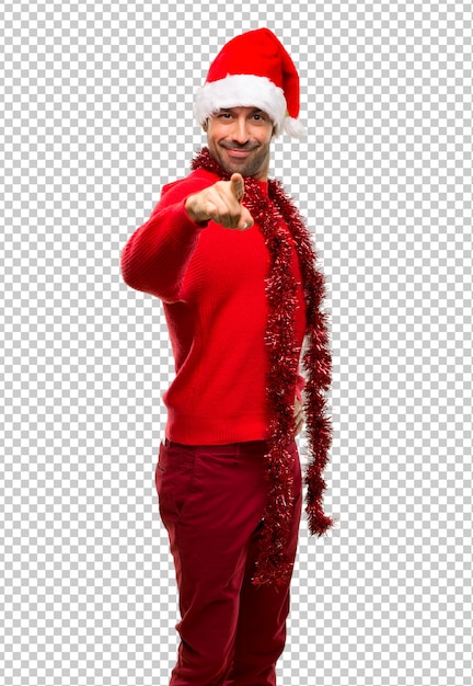 PSD man with red clothes celebrating the christmas holidays points finger at you