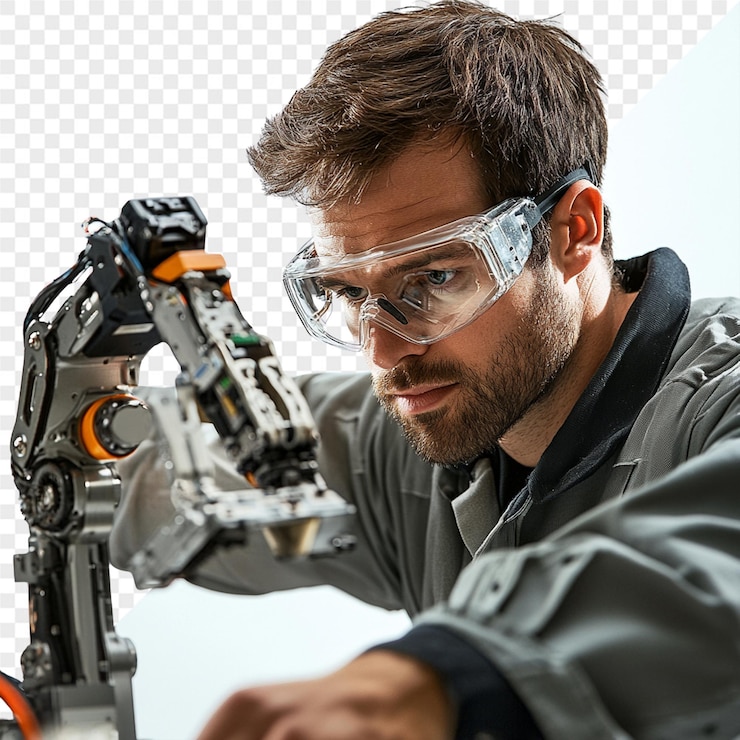 PSD a man with a robot in a protective suit and glasses