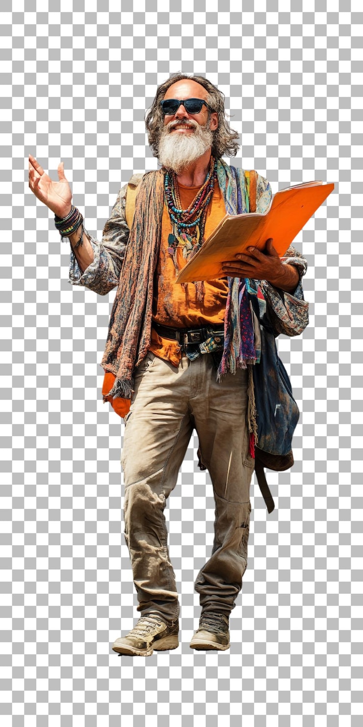 PSD a man with a scarf on his head is holding a book