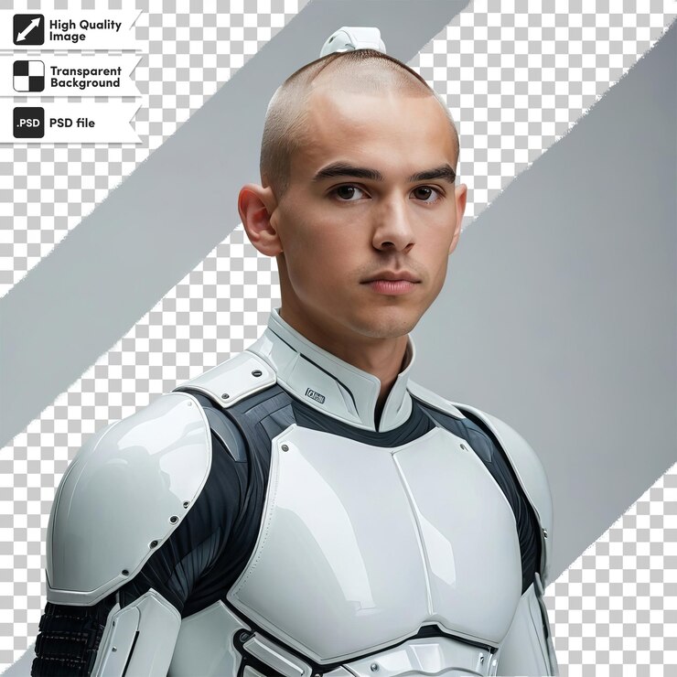 PSD a man with a shaved head and a white suit on the front