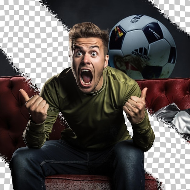 A man with a soccer ball on his head is screaming.