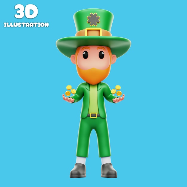 man with st patricks day outfit holding gold coins 3d illustration
