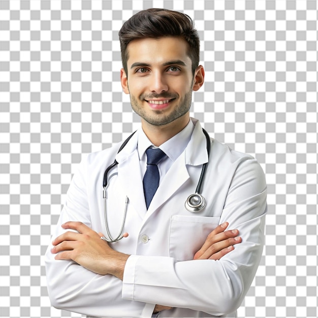 A man with a stethoscope on his chest stands in front of a screen that says quot medical service quo