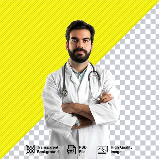 PSD a man with a stethoscope on his neck stands in front of a yellow background