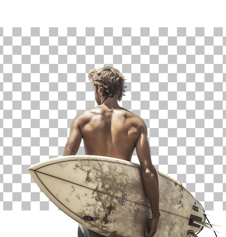 PSD a man with summer object surf board on a transparent background