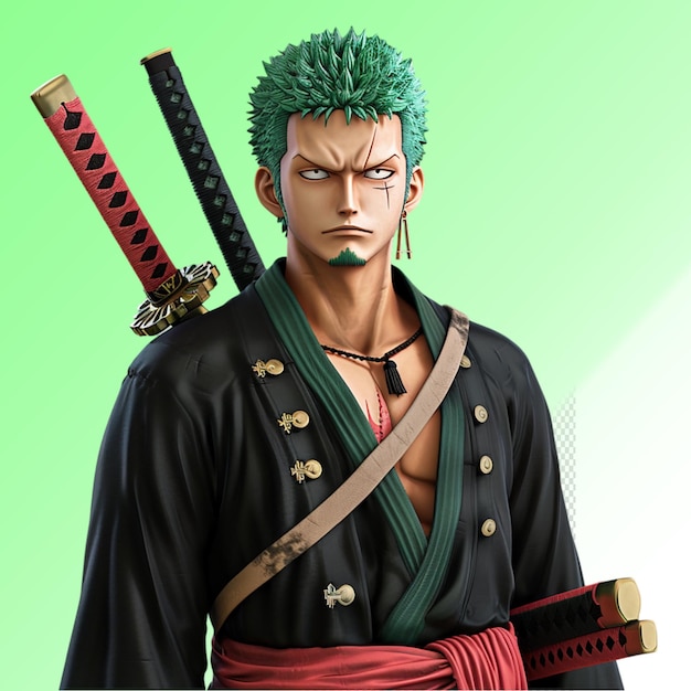 A man with a sword and a green background