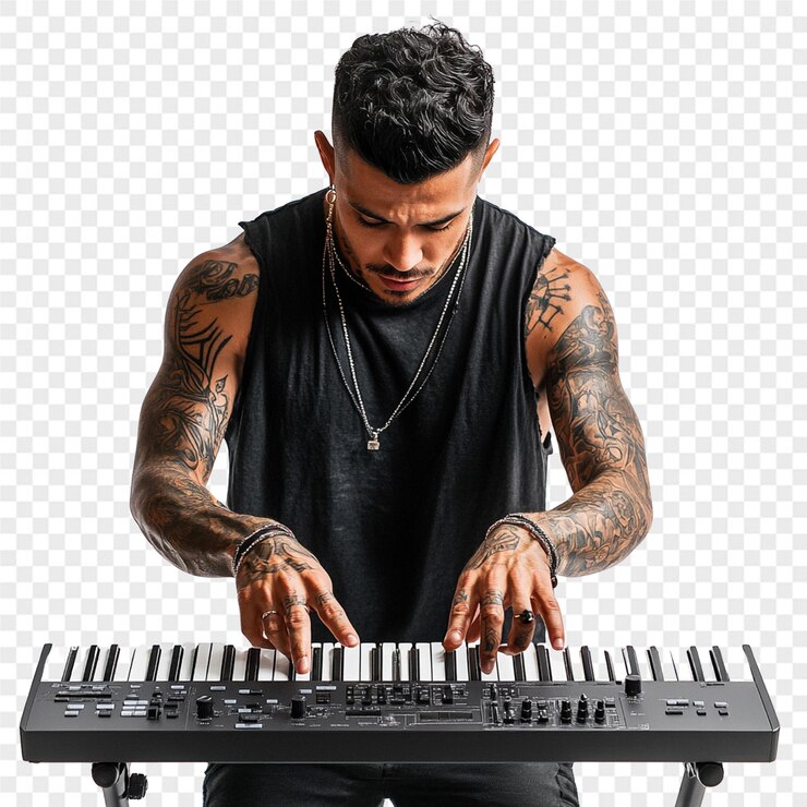 PSD a man with tattoos on his arms is playing a keyboard
