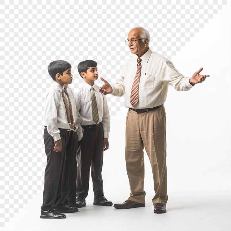 PSD a man with two boys talking with one of them wearing a tie