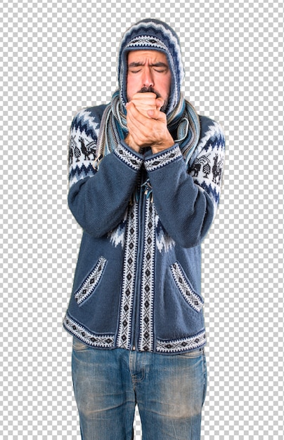 PSD man with winter clothes coughing a lot