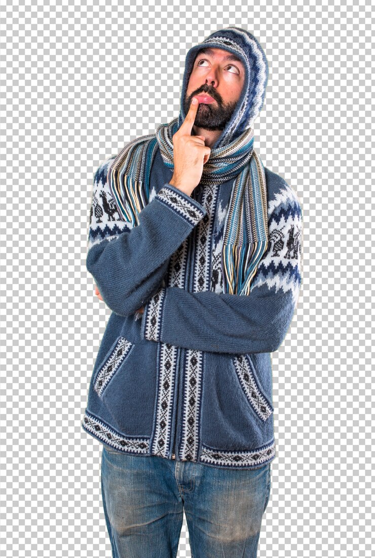 PSD man with winter clothes having doubts