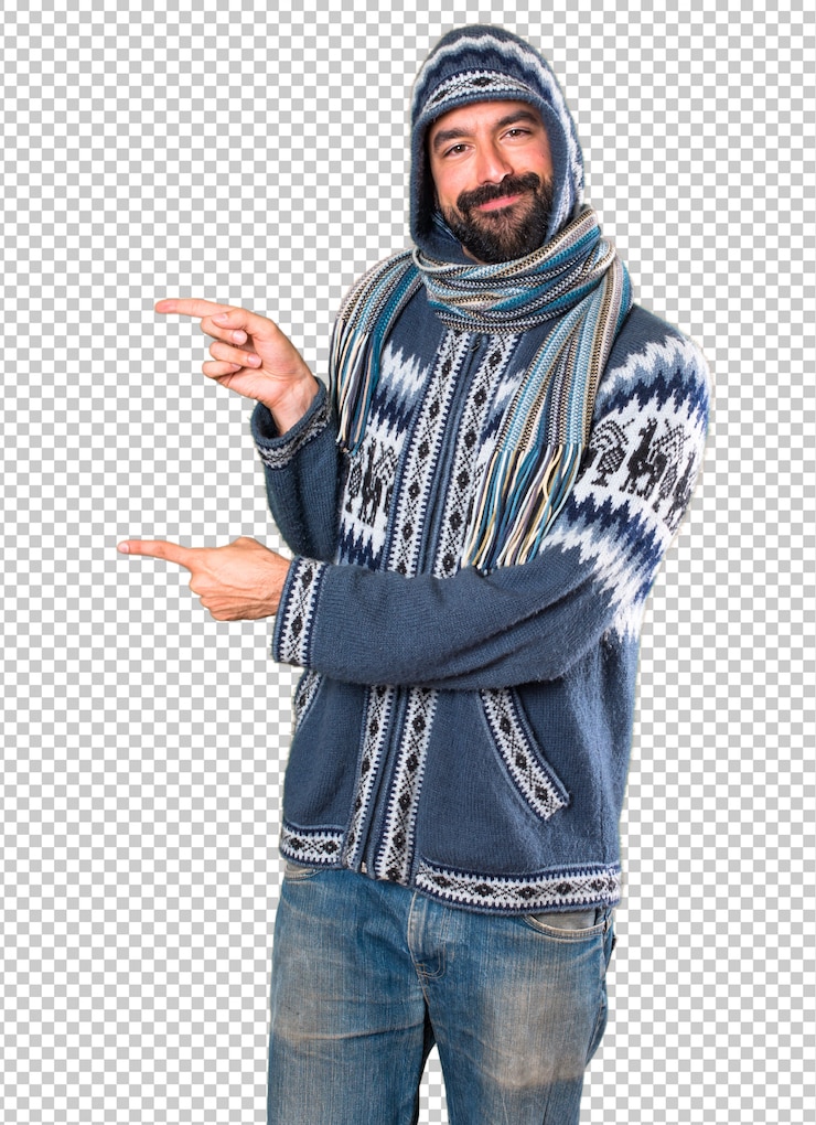 PSD man with winter clothes pointing to the lateral