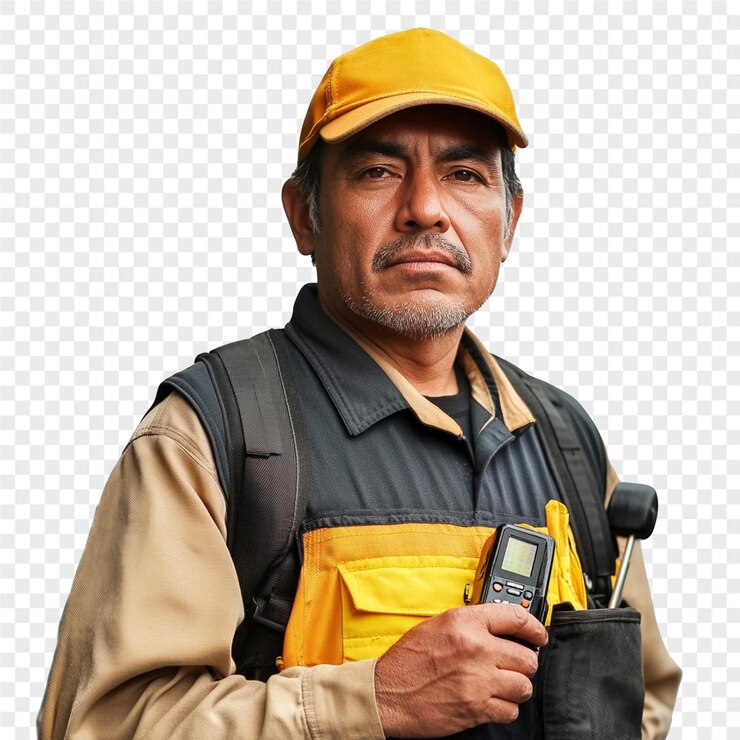 PSD a man with a yellow hat and a yellow backpack