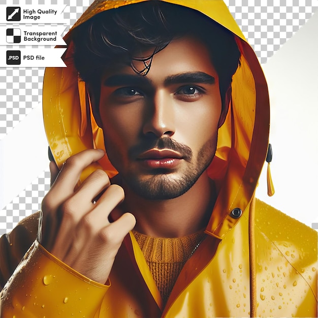 PSD a man with a yellow raincoat on and a picture of a man wearing a yellow raincoat