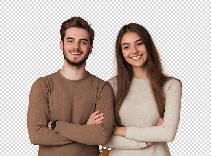 PSD a man and a woman are posing for a photo with their arms crossed