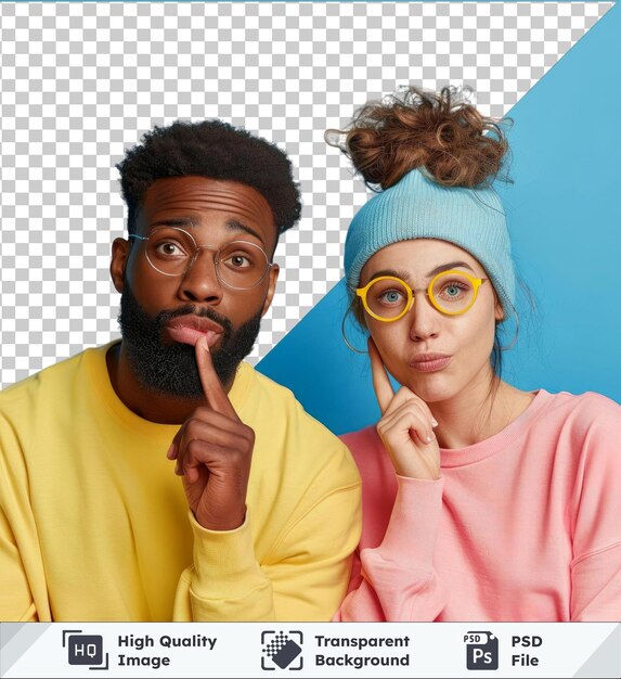 A man and a woman are posing for a photo with the words high quality