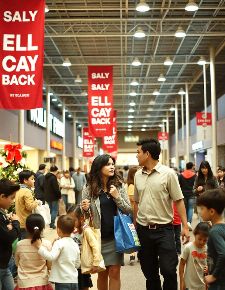 PSD a man and a woman are standing in front of a store with a sign that says sale
