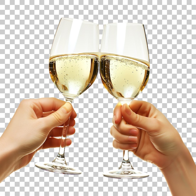 PSD man and woman hand with champagne glasses clinking isolated on a transparent background