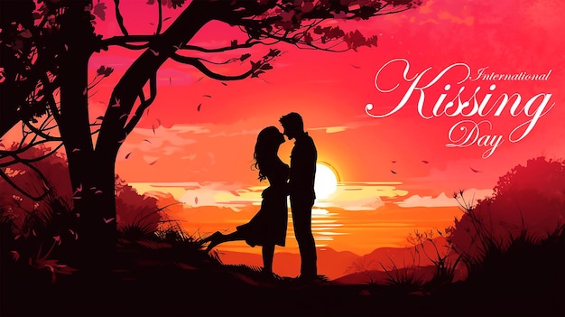 PSD man and woman in love on nature silhouette romantic couple under a trees kiss day banner