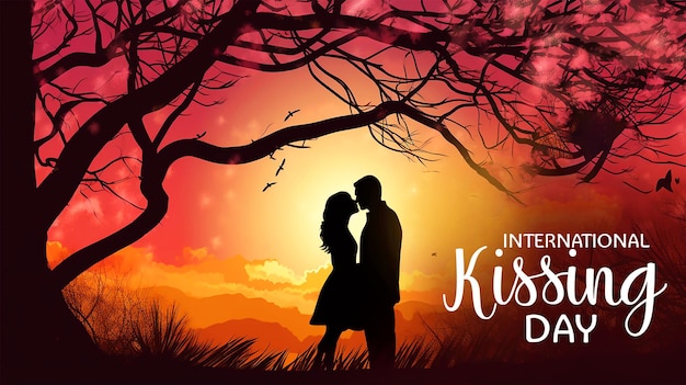 Man and woman in love on nature silhouette romantic couple under a trees Kiss Day banner