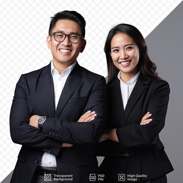 A man and a woman pose for a photo with the words 