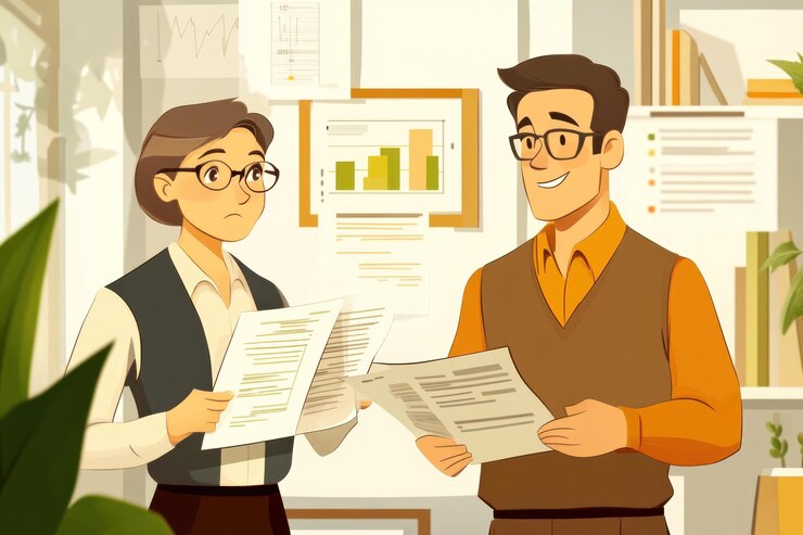 PSD オフィスで文書をレビューする男性と女性