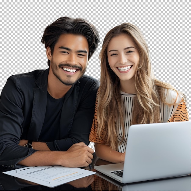 PSD a man and a woman smiling next to a laptop