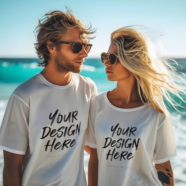 PSD man and woman wearing matching white t shirts mockup