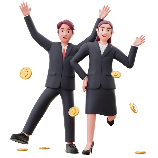 Man and woman worker getting salary 3d character for office job