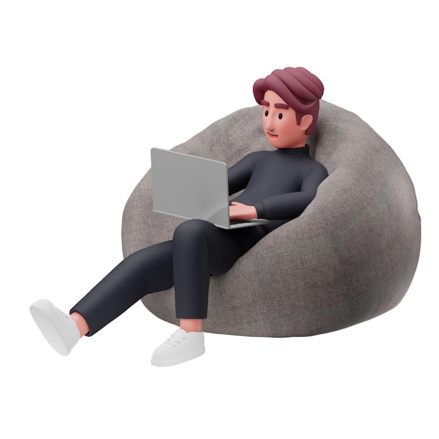 PSD a man work in bean bag 3d icon for startup and work environment