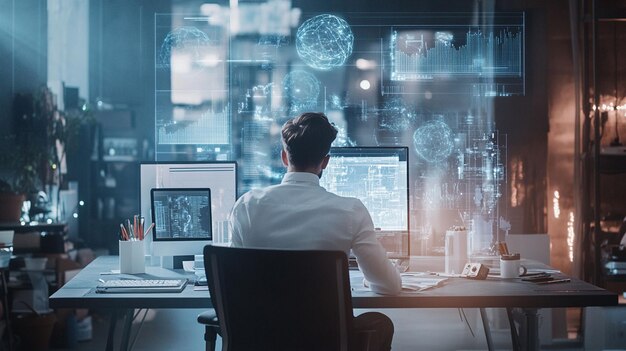 man working at computer futuristic interface displayed